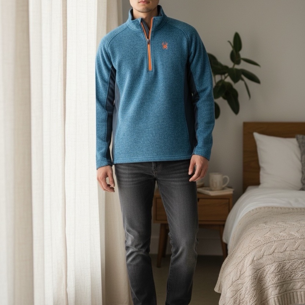 Spyder Men's Teal Quarter-Zip Fleece with Orange Trim